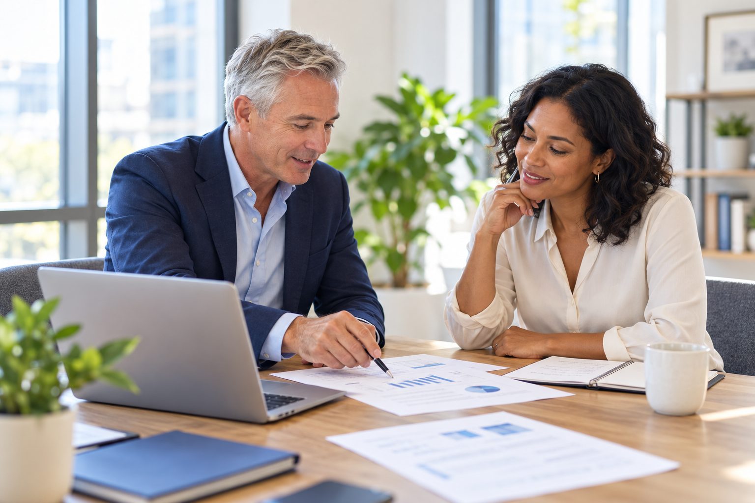 Two business professionals reviewing printed charts together at a desk with a laptop