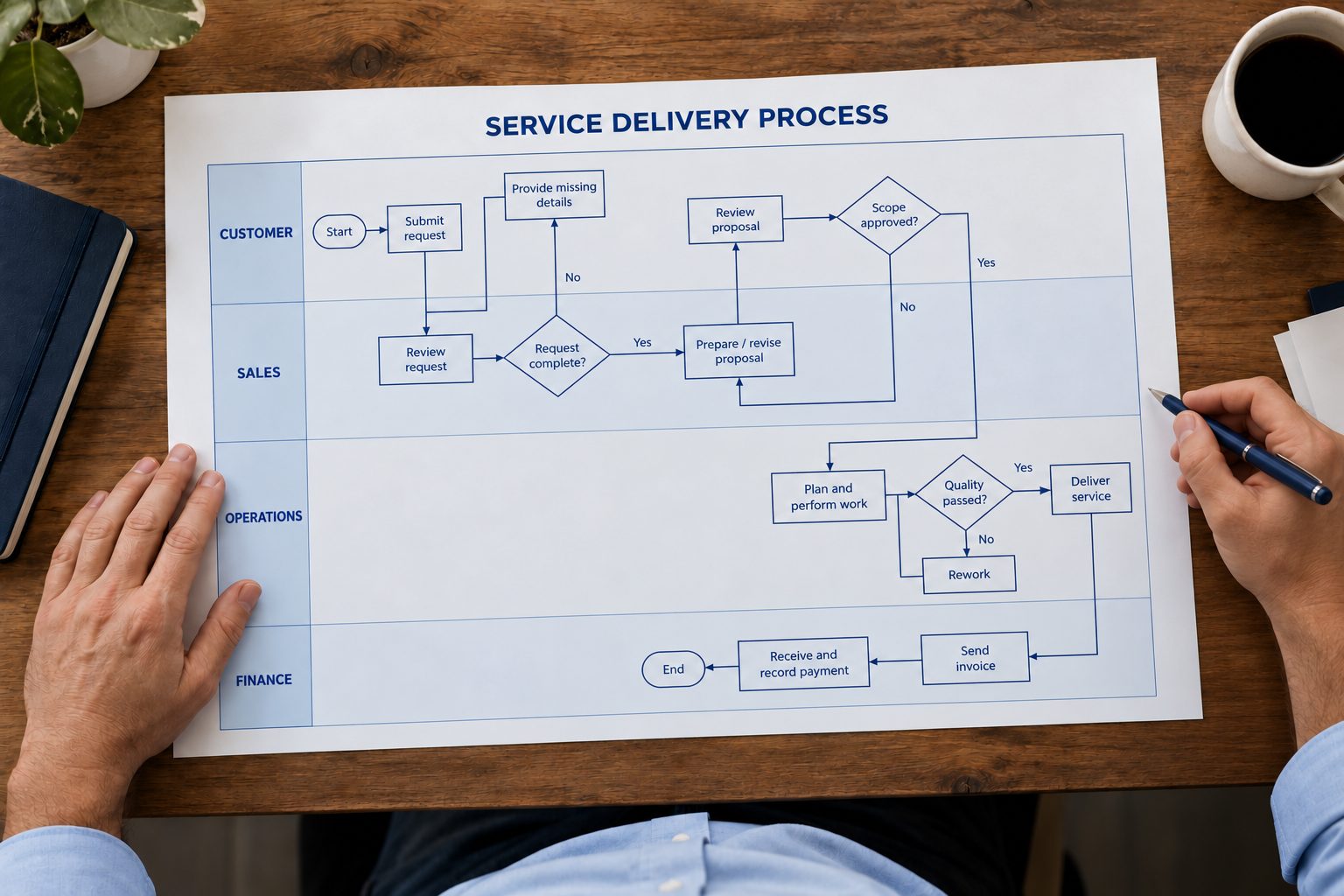 Consultant reviewing a printed service delivery swimlane workflow on a desk